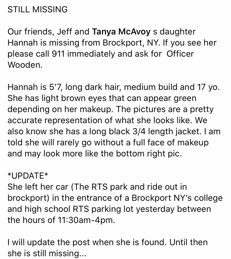 Mdobbertin14's tweet photo. Missing from Brockport NY https://t.co/NRBU17kwW4