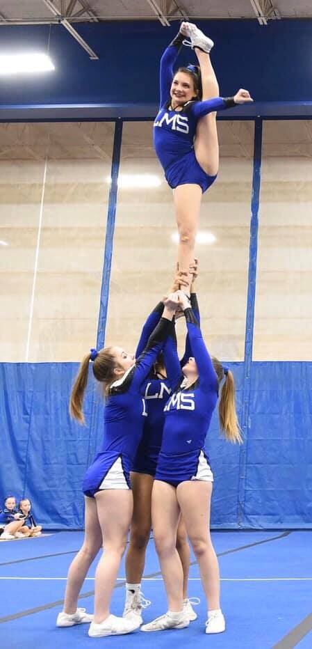jalbert77's tweet photo. My girl and her Lewiston Middle School Demon 😈 teammates earned another first place finish yesterday at the 2020 Vacation Classic💙 Her smile says it all... she loves cheering! #madsloves2fly #albert5adventures #lmscheer https://t.co/rnr4YRgrFr
