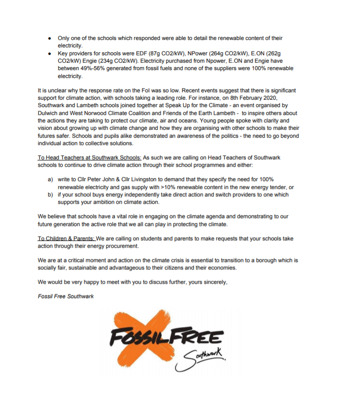 FossilFreeSWK's tweet photo. OPEN LETTER: We're calling for Southwark Council &amp; Southwark Schools to take #ClimateActionNow and purchase renewable energy - read our open letter and contact your council &amp; schools! @Livingstone_RJ  @peterjohn6  @lb_southwark @SouthwarkLabour @SouthwarkGP https://t.co/4R5KHfJdVm
