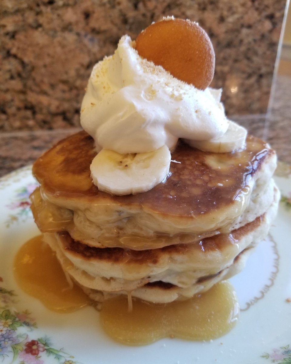 New Recipe Alert! This morning I made Banana Pudding Pancakes with chunks of banana in the pancakes, a vanilla cream stuffing, topped with a homemade butter syrup, banana slices and whipped cream. 

Anyone hungry yet?