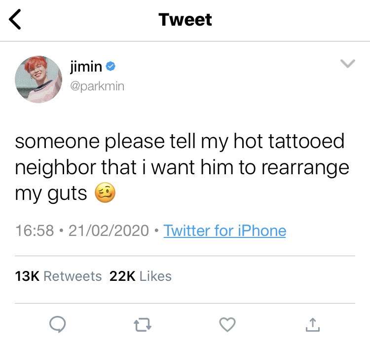 taewhen's tweet photo. okay but jikook au where youtuber jimin thirst tweets about his hot neighbor daily on the tl, not knowing he's really just a big softie https://t.co/EARWNa810L