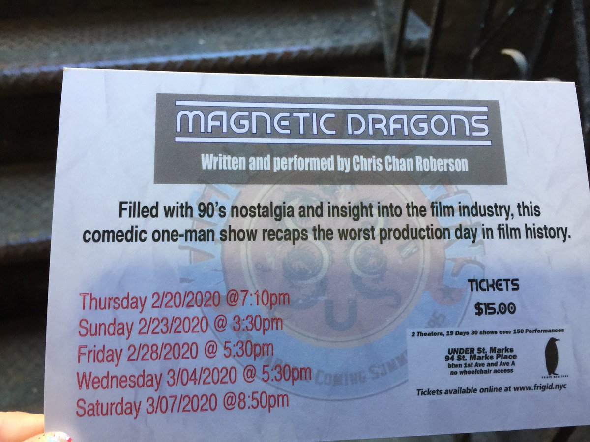 Second show of my <a href="/FRIGIDNewYork/">FRIGID New York</a>  day was Magnetic Dragons an incredible true story of the dangers of making movies!  Catch his next show Friday Feb 28 530pm, March Wed 4th 530pm &amp; Saturday March 7 850pm #eastvillagefestival #EVtheatre #theatrefestivals #festivals