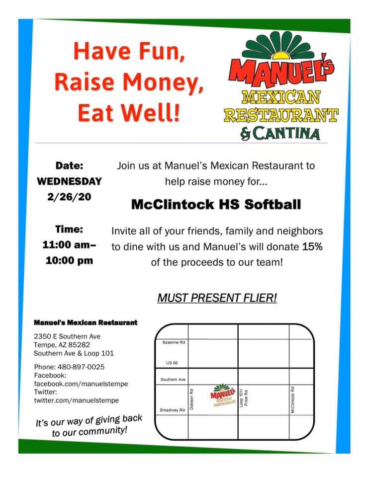 MHSoftballTeam's tweet photo. **Fundraiser Alert** Come out and support our softball program Wednesday 2/26 
ALL DAY EVENT! Please help US spread the word. Invite all your friends, family, and neighbors. 

Thank you Manuel’s for your support! https://t.co/Pmbt1zJk0V
