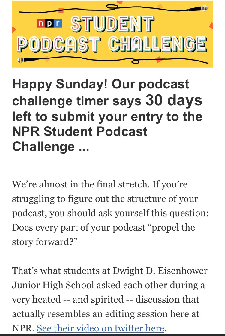 👏🏽Props to our 8th Grade Eisenhower Eagle’s for being recognized in <a href="/npr_ed/">NPR's Education Team</a> weekly newsletter! Our students are on fire 🔥💯

#IKEKnowsExcellence #WeAre54 #StudentPodcastChallenge #ELA #Reading <a href="/IkeEagleNews/">Eisenhower JHS</a>