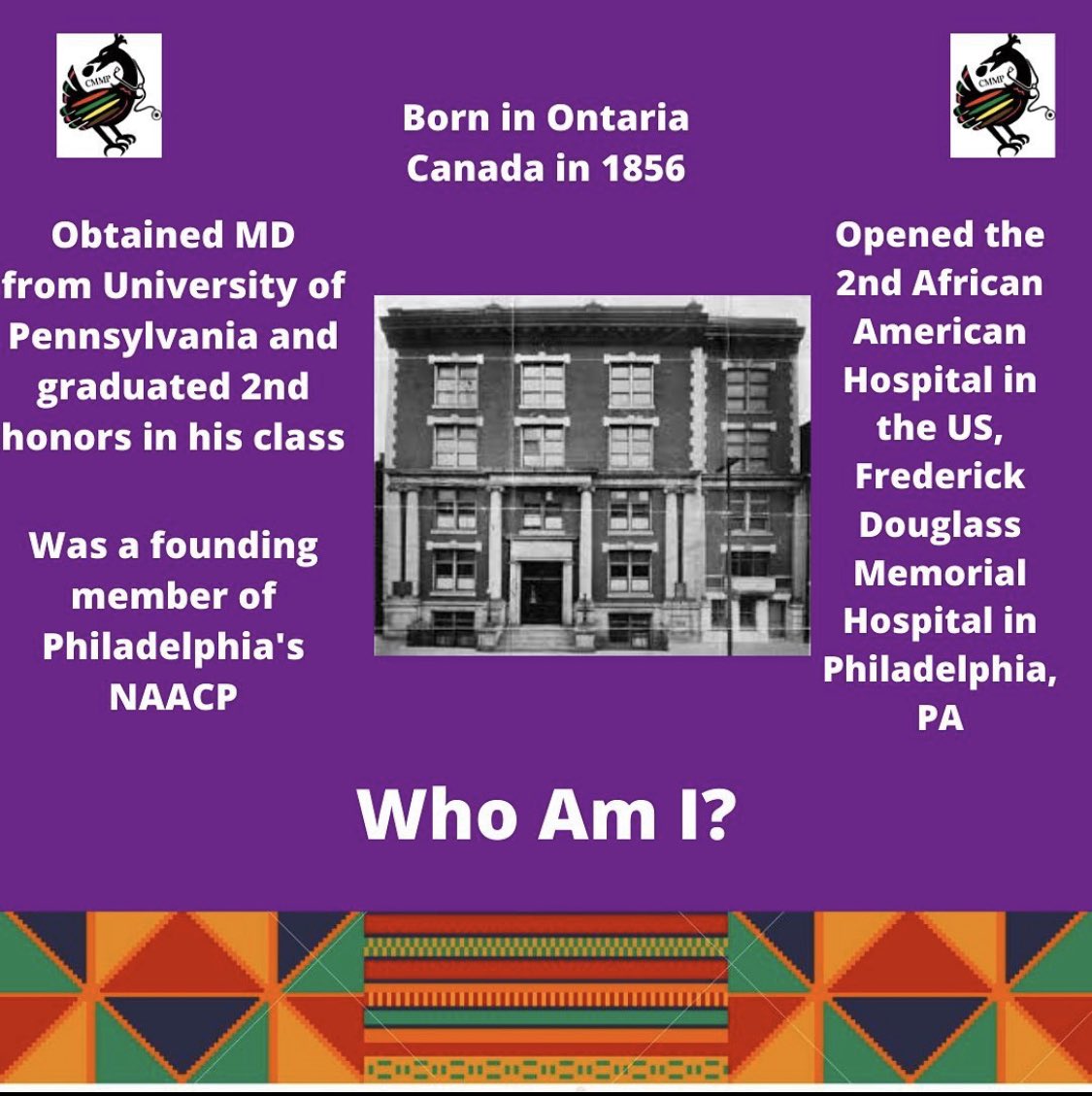 AskMeDrSmartDNP's tweet photo. February 23 of @cmmpmed #BlackHistoryMonth In Medicine: I am the African American physician who opened the Frederick Douglass Memorial Hospital which was the 2nd African American founded hospital in the U.S. Who Am I? #cmmpmed #bhminmedicine #day23 https://t.co/PbksUH9rwe