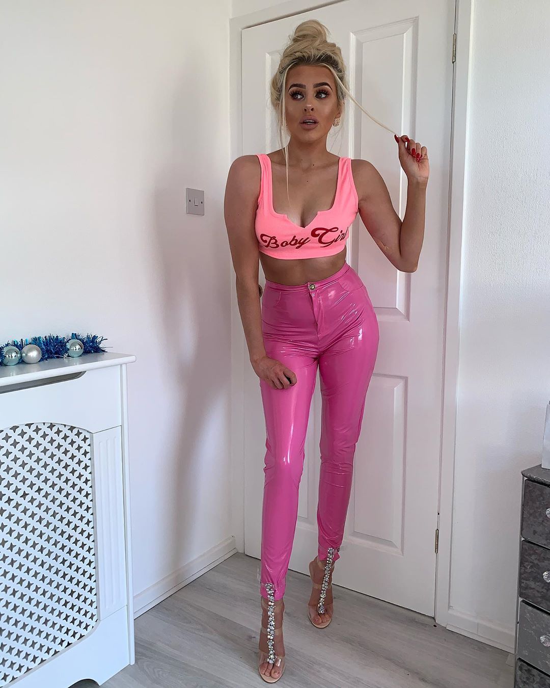 Pink vinyl shop pants