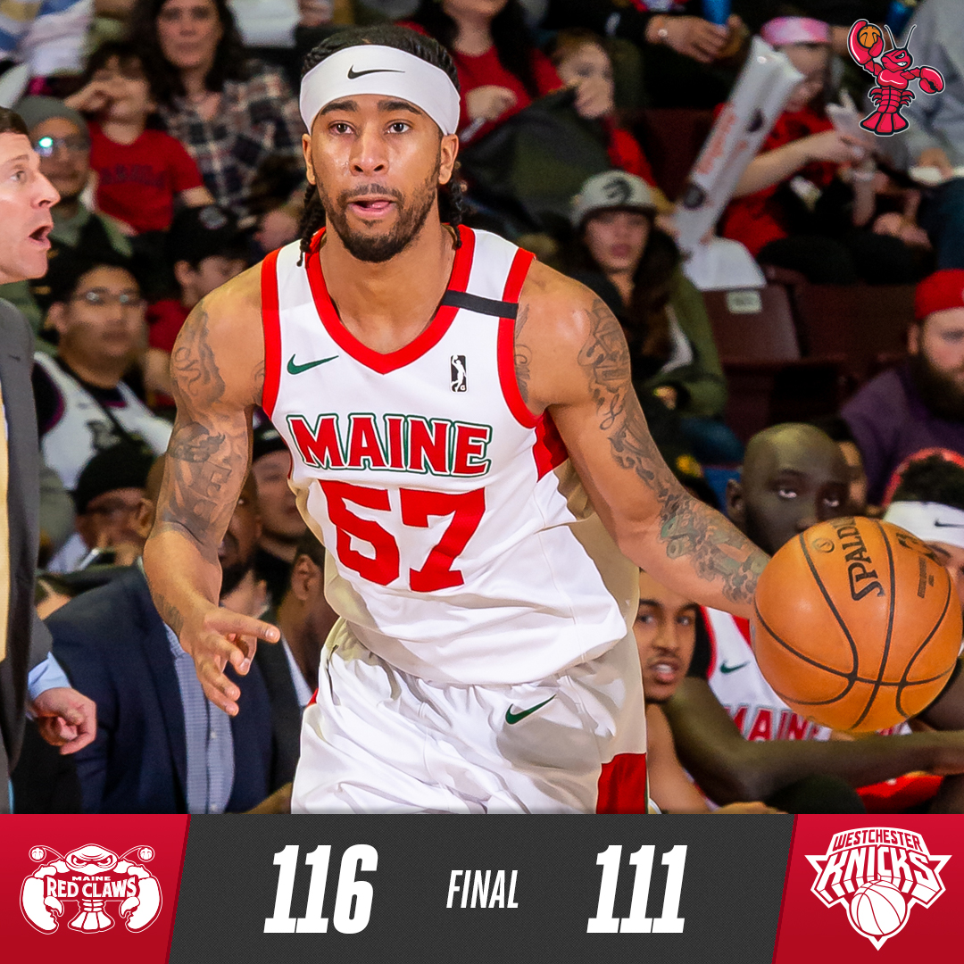 MaineCeltics's tweet photo. RED CLAWS WIN: 
No Tremont Waters.
No Kaiser Gates.
No Bryce Brown.
No Justin Bibbs.
No Tacko Fall after first 2 min.
YES Trey Davis - a franchise season high 43 points - Claws gut it out!
#CrustaceanNation https://t.co/lW14MQGbrm