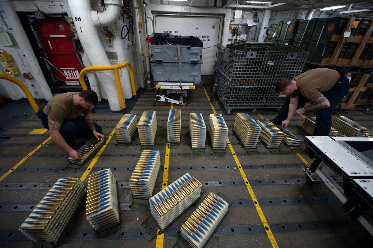 Sailors unpack ammunition (I think 20mm MK149 APDS) aboard the aircraft carrier USS Dwight D. Eisenhower  #CVN69 in the Atlantic ocean on Feb. 8, 2020.  #USNavyby MCS2C Kaleb J.