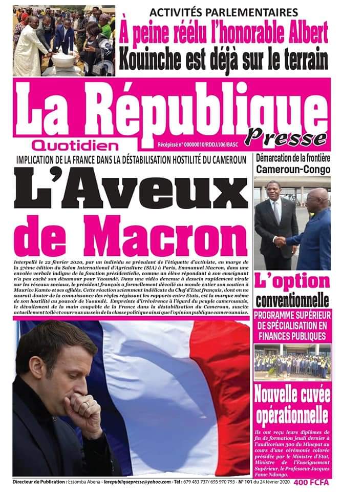 And they did not disappoint! Monday's bad guy is, you guessed it, president  @EmmanuelMacron the "white supremacist" hellbent on destabilizing peaceful Cameroon. Someone should write a thesis about this stuff!  #journalism  #gutterpress