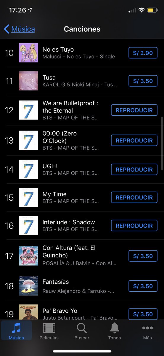 peruviarmy_twt's tweet photo. .@BTS_twt iTunes Perú 🇵🇪 #SEVENPARTY
1. ON (+1)
2. ON (feat. Sia) (-1)
4. Louder than bombs (+1)
5. Inner Child (+2)
6. Filter (-2)
7. Moon (+3)
12. WAB: the Eternal (-4)
13. 00:00 (+185)🥺🥺🥺
14. UGH! (-5)
15. My Time (RE-ENTRY) (subió más de 185 puestos)🤯
16. Shadow (-5) https://t.co/eP0lK1dHMW