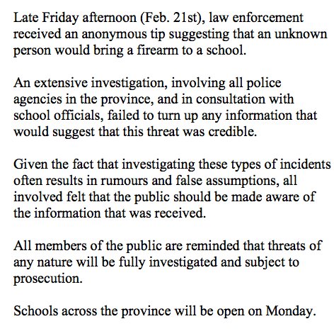 InfoPEI's tweet photo. An extensive investigation, involving all police agencies in the province, and in consultation with school officials, failed to turn up any information that would suggest that this threat was credible. . . . these types of incidents often results in rumours and false assumptions https://t.co/1povbFChu3