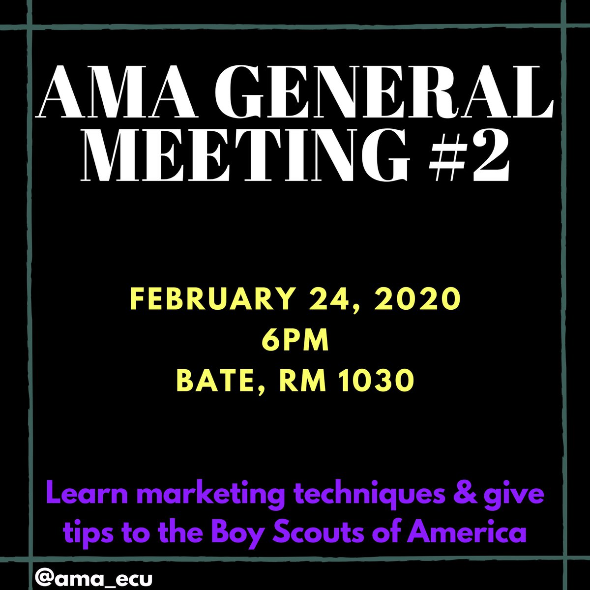 AMA_ECU's tweet photo. Join us TOMORROW night at 6pm in Bate room 1030!! We will be going over marketing techniques &amp;helping the Boy Scouts of America. Hope to see you there @ECUCOB https://t.co/b26aCffm0A