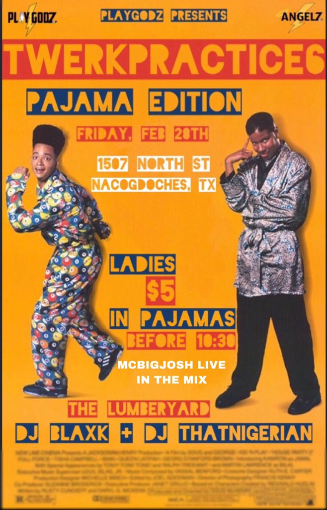 JDiamondZPromo's tweet photo. #TwerkPractice6

The Official SFA Pajama Party

FRIDAY FEBRUARY 28TH

• 1507 North St Nacogdoches TX
• DOORS OPEN AT 10 PM
• LADIES ARE $5 WITH PAJAMAS ON TILL 10:30 PM

Sounds By: 
@TheDjBlaxK 
 @DJThatNigerian 

@2016Joshua LIVE ON THE MIC 🎤 

Hosted By: @SFA_PlayGodz https://t.co/0LnrOjrUyA