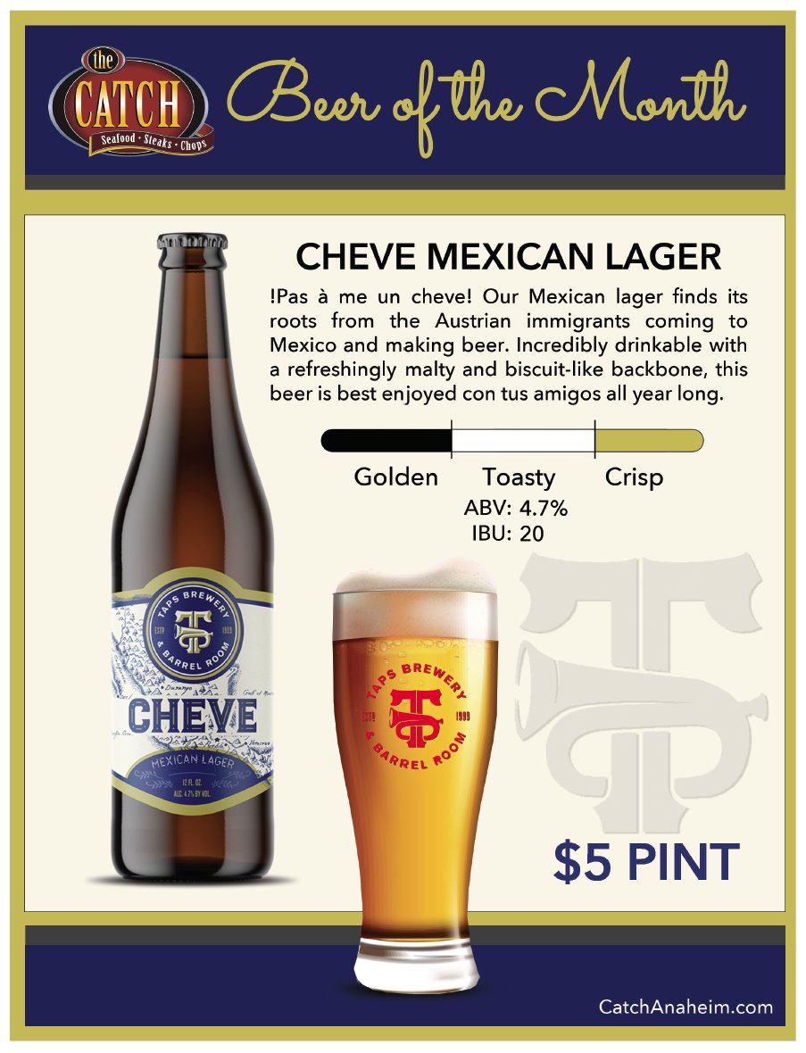 CatchAnaheim's tweet photo. FOR ONLY $5, try our Beer of the Month, our TAPS Cheve Mexican Lager!  A perfect pair with any of our fresh Jet Fresh Fish or our Blackened Fish Tacos for our WEEKEND Happy Hour from 4pm-7pm. 🐟🍺🌮 https://t.co/L88atnb7Eo https://t.co/jnYR8uovje