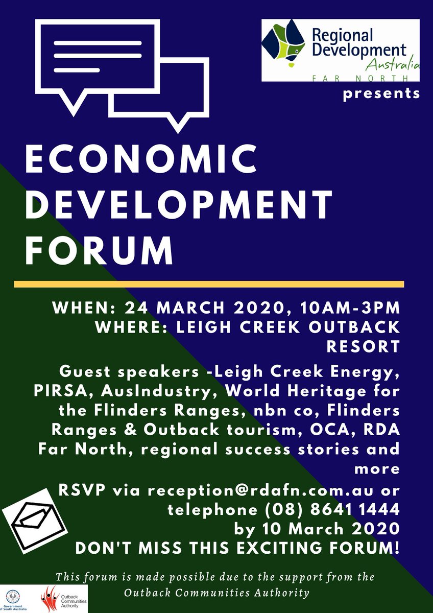 Don't miss this informative Economic Development Forum in Leigh Creek on 24 March 2020. RSVP by 10 March. #regionsmatter