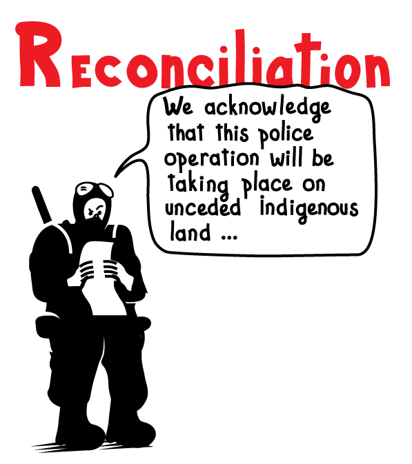 NoBordersMedia's tweet photo. Reconciliation, Canadian-style. #ReconciliationIsDead #ShutDownCanada #WetsuwetenStrong #cdnpoli (Image by Clément de Gaulejac) @UnistotenCamp @Gidimten @smogelgem @realpeoplesmedi https://t.co/m7bENU4Qgm