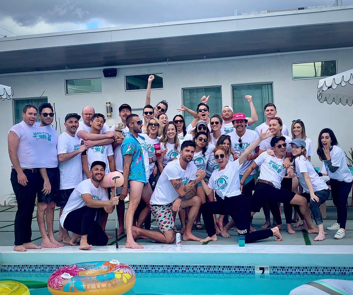 chrissiefit's tweet photo. These lovebirds are getting married and assembled this awesome crew of weirdos to celebrate! Palm Springs will never be the same 💙 #SnowoneButYou #TylerStandalandedTheOne https://t.co/1q7w47Qoj5