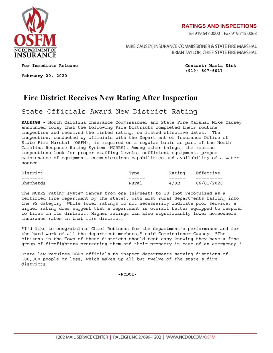 weinstes's tweet photo. NCDOI OSFM recognizes Shepherds Fire-Rescue for Improved Insurance Rating. https://t.co/ADpBaYusG8