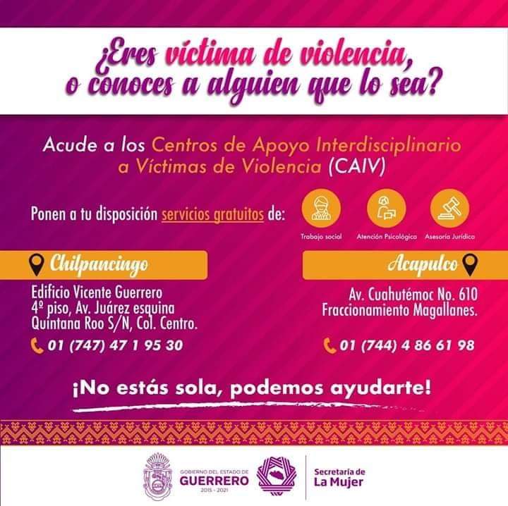 SemujerGro's tweet photo. Si te encuentras en una situación de violencia o conoces a una niña o mujer en esa condición, busca ayuda. Acércate a los Centros de Apoyo Interdisciplinario a Víctimas de Violencia #CAIV sede Chilpancingo 👇🏾 #GuerreroEmpodera #AlertaDeGénero ¡COMPARTE! 🔁 https://t.co/CIe2T190Rd