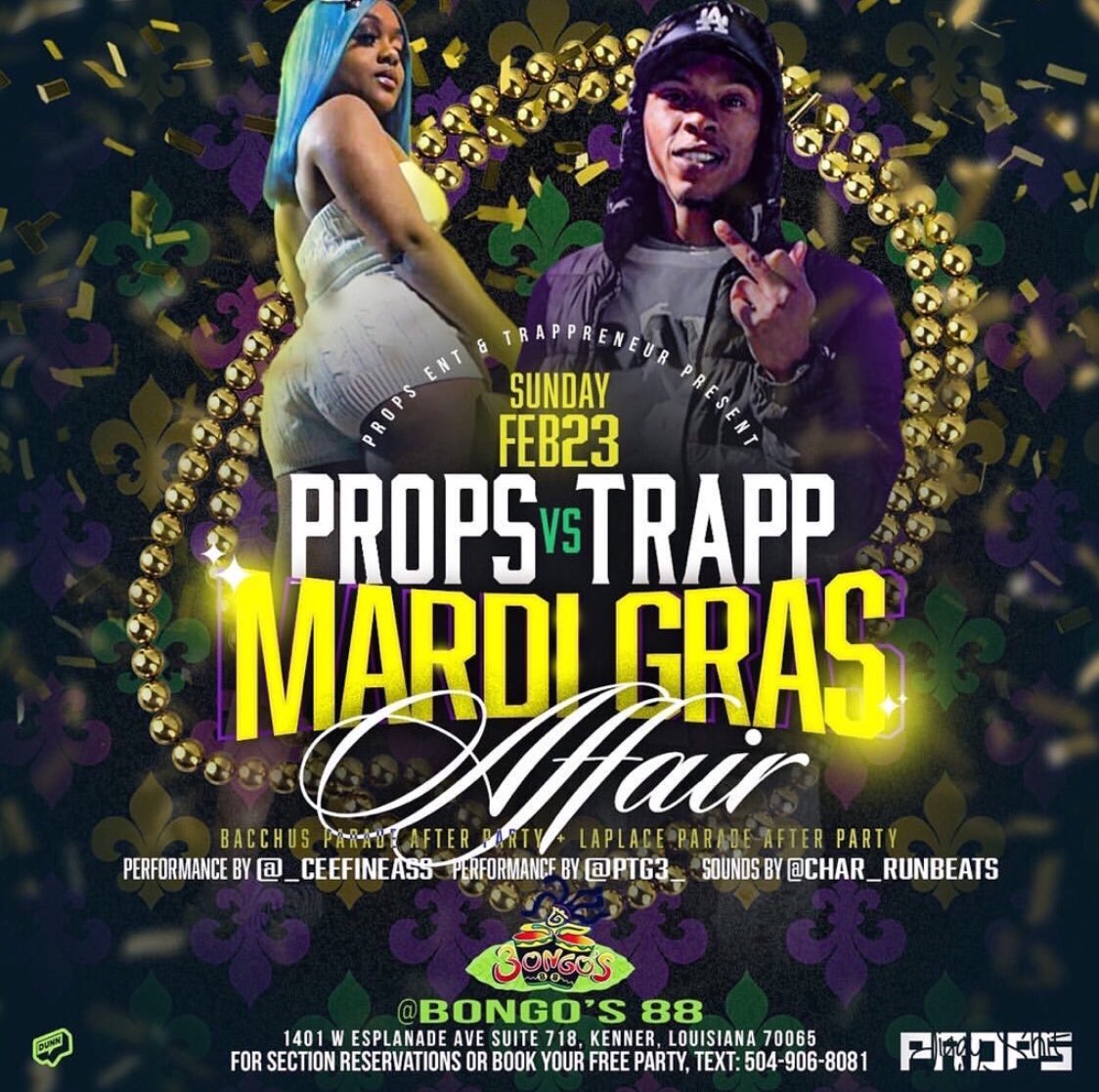 Terio_27's tweet photo. THIS WHAT WE ALL BEEN WAITING FOR ‼️ SEE YALL TONIGHT DOORS OPEN AT 10 🔥 #PROPSENT  
PROPS🐐 vs. TRAPP😈 Official Laplace Parade &amp; Bacchus After Party 💚💜💛 Get there Early! @Deznee2 @Hafree__ @prrettyne @PTG3_ @_Ceefineass and Over 20 Birthday Parties Tonight‼️ https://t.co/H1JXTUFhv5