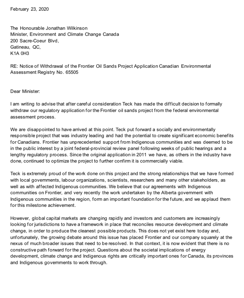 Gray_Mackenzie's tweet photo. Here’s the full letter from Teck Resources CEO Don Lindsey to the Environment Minister saying the Frontier project is being shelved #cdnpoli

“It is now evident that there is no constructive path forward for the project.” https://t.co/buhiF9xzM7