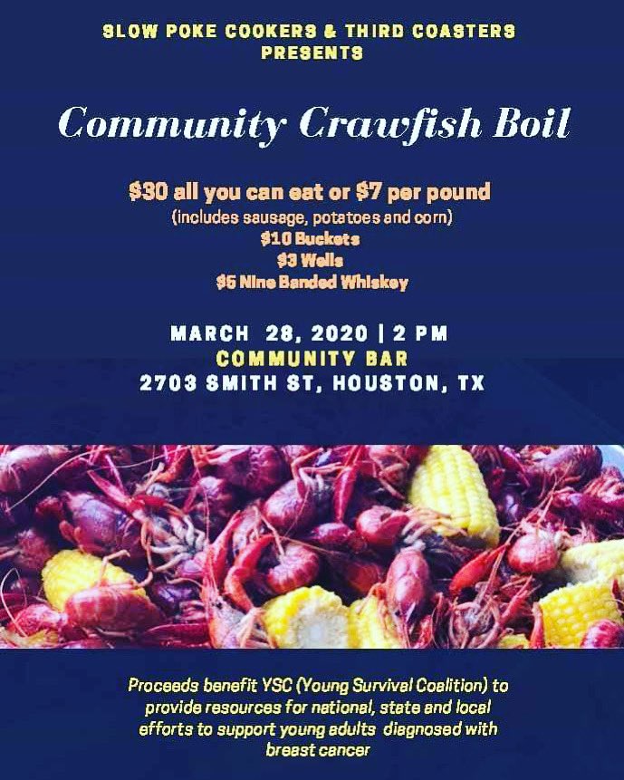 texaspina's tweet photo. Save the date! Share with friends! Support young survivors! #thirdcoasters #slowpokecookers #youngsurvivors #crawfishboil #fundraiser #charitybikeride #ysctdp #youngsurvivalcoalition #houston #midtown #htown https://t.co/zMgChCefj0