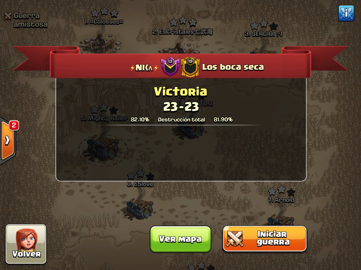 Primera Guerra en la @TopWarLeague  muy cerrada ... con los amigos de <a href="/ClanBocaSeca/">LosBocaSeca-war clan-</a> GG