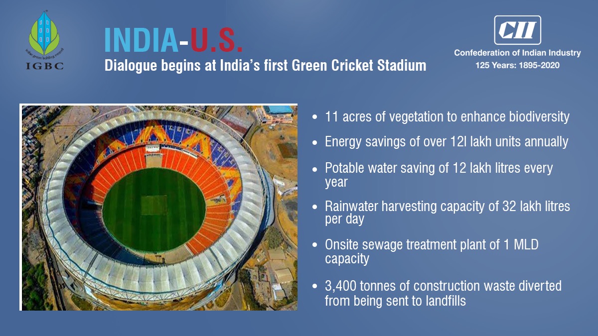 CII-IGBC achieves yet another benchmark as Ahmedabad’s Motera Stadium becomes the first cricket stadium to get Gold Green Building rating. #USIndia #NamasteTrump <a href="/IGBConline/">Indian Green Building Council (IGBC)</a> <a href="/USAndIndia/">U.S. Embassy India</a>