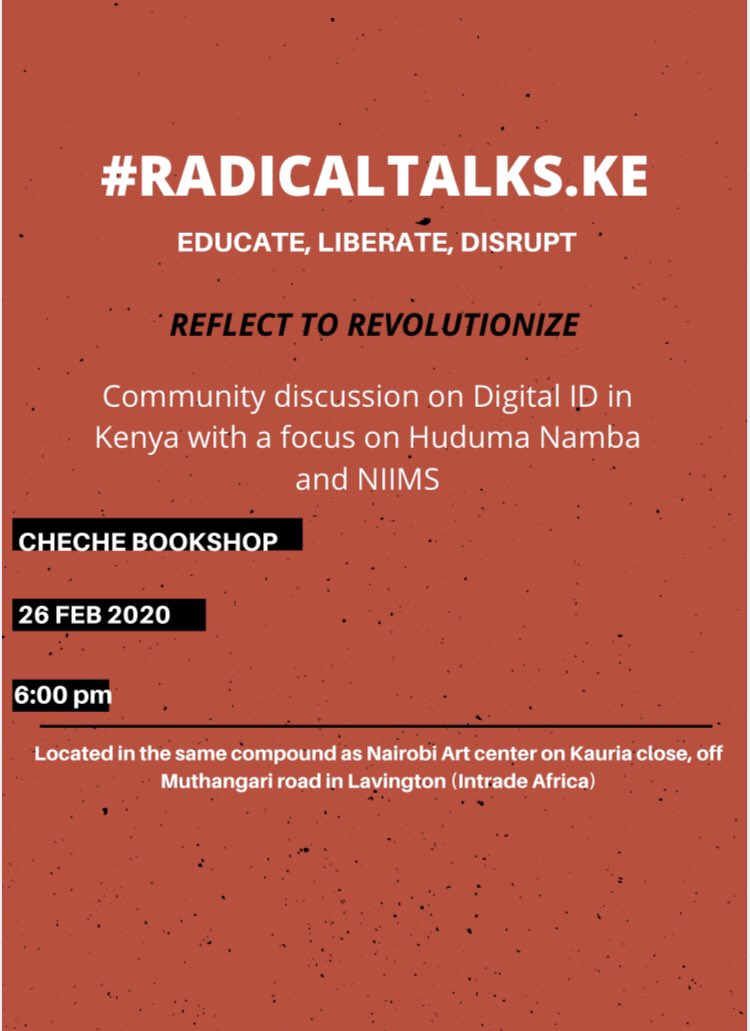 RadicaltalksK's tweet photo. We will also be hosting a special #Reflect2revolutionize session discussing #HudumaNamba in depth and begin paving a way forward before the bill is sent to parliament with @kedolwa_waziri at @Chechebooks1 

#Data4KenyanLives 
#AbolishSurveillance https://t.co/D171nm9MGq