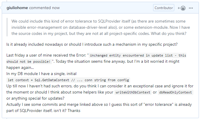 giuliohome_2019's tweet image. @Thoriumi I hope that this sort of &quot;error tolerance&quot; is already part of #fsharp #SQLProvider itself nowadays, isn&apos;t it? Thanks