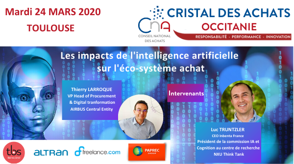 🚀 C'EST DANS 1 MOIS !  LE CRISTAL DES ACHATS
📍 Le 24 mars à 18h30
🤵 <a href="/Truntz/">Luc Truntzler</a> interviendra à 19h : L’#IA et ses enjeux, ce qui va changer, les peurs et les croyances autour de l’#IntelligenceArtificielle 🧠
👉INSCRIPTION GRATUITE &amp; OBLIGATOIRE
buff.ly/2SlhER7