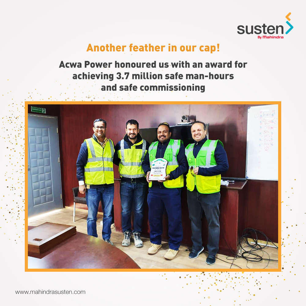 MahindraSusten's tweet image. Another great honor! We have achieved 3.7 Million safe man-hours milestone in the @ACWAPower Project. We thank the great team who adhered to safe working practices and made this possible.
#MahindraSusten #SafeManHours #SafeCulture #SafetyFirst