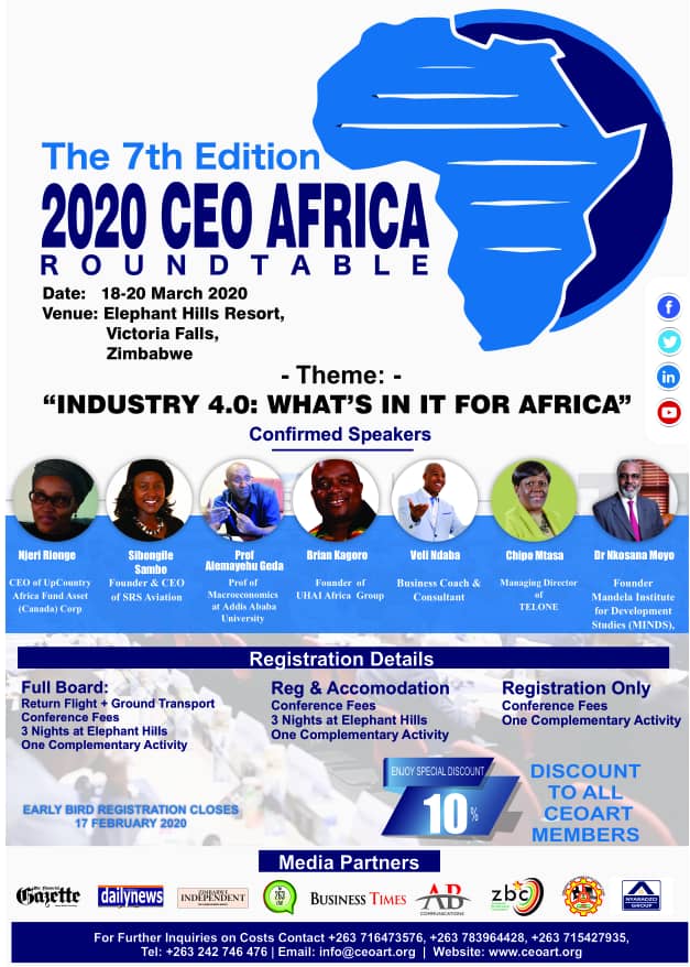 All is set for the 7th edition of CEO Africa Roundtable 2020 starting on the 18th to the 21st  of March at Elephant Hills Resort,Victoria Falls.For more inf contact +263716473576/+263783964428/+2637154227935/ Tel +263242746476/ email info@ceoart.org 
@ceoafricaroundtable