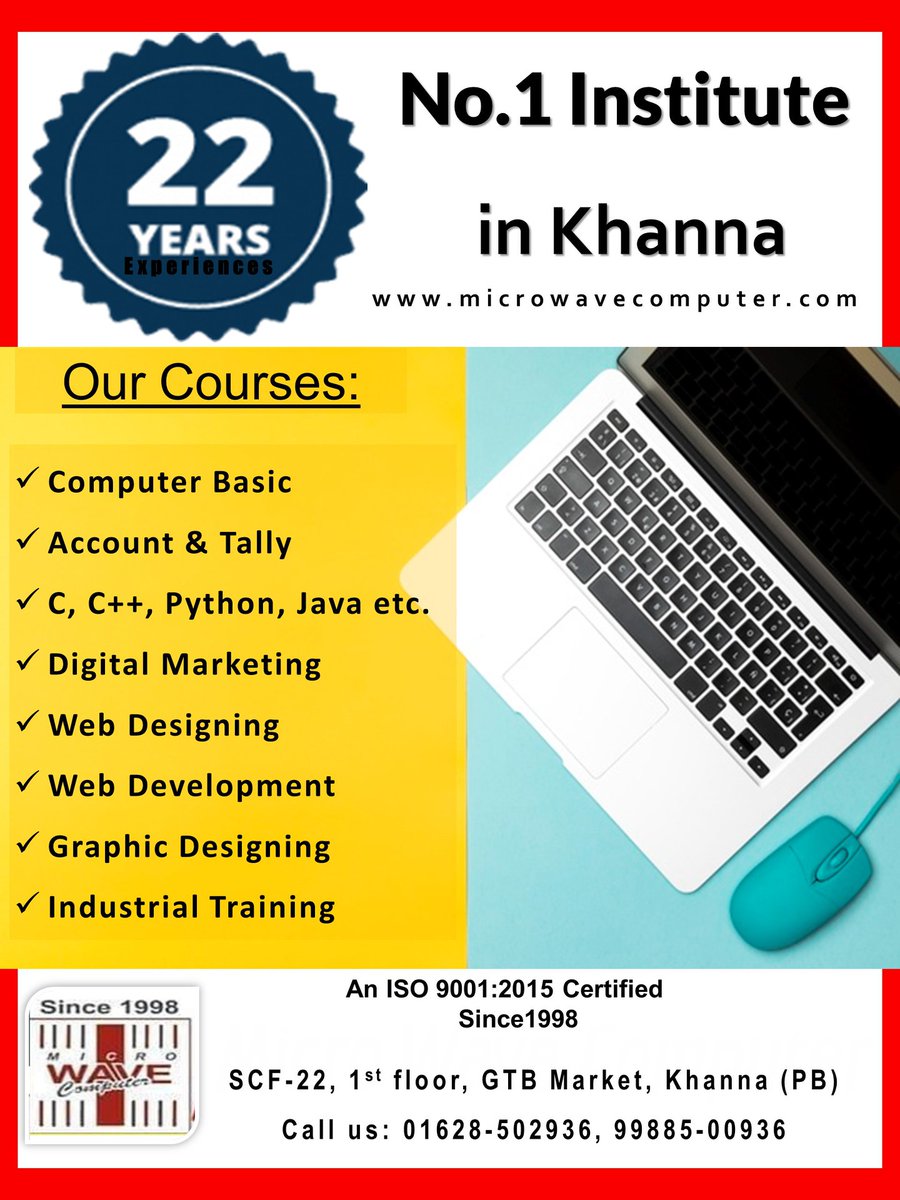 Rajinde18608290's tweet image. Micro Wave Computer Institute is the best computer institute in Khanna.
Our Courses: #Computer_Basic, #Account and #Tally, #C, #C++, #Python, #Java #Digital_Marketing, #Web_Designing, #Web_development, #Graphic_Designing, #Industrial_Training
#computer #webdesigner #Google,