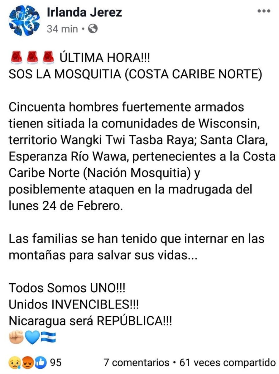 Templar19AB's tweet photo. #SOSNicaragua
Mientras acá en #Managua nos preparamos para marchar en la Nación Mosquitia familias se refugian en la selva y se asientan por la noche, esperando el ataque de colonos en pocas horas.
#Nicaragua se sume en el conflicto cada vez más
#ALACALLE!!! https://t.co/JdXesOCYX7