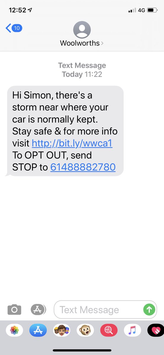 gramercypark's tweet photo. SIMPLE IS GOOD 👍🏼 @woolworths Motor Insurance sent me this text alert about 10-15 mins before it bucketed down with rain here in Perth this morning. Clean and very simple use of real time #weatherdata matched to my regular vehicle location info in the CRM 👍🏼👍🏼#digitalalerts #CX https://t.co/Ccu4Nb7AwK