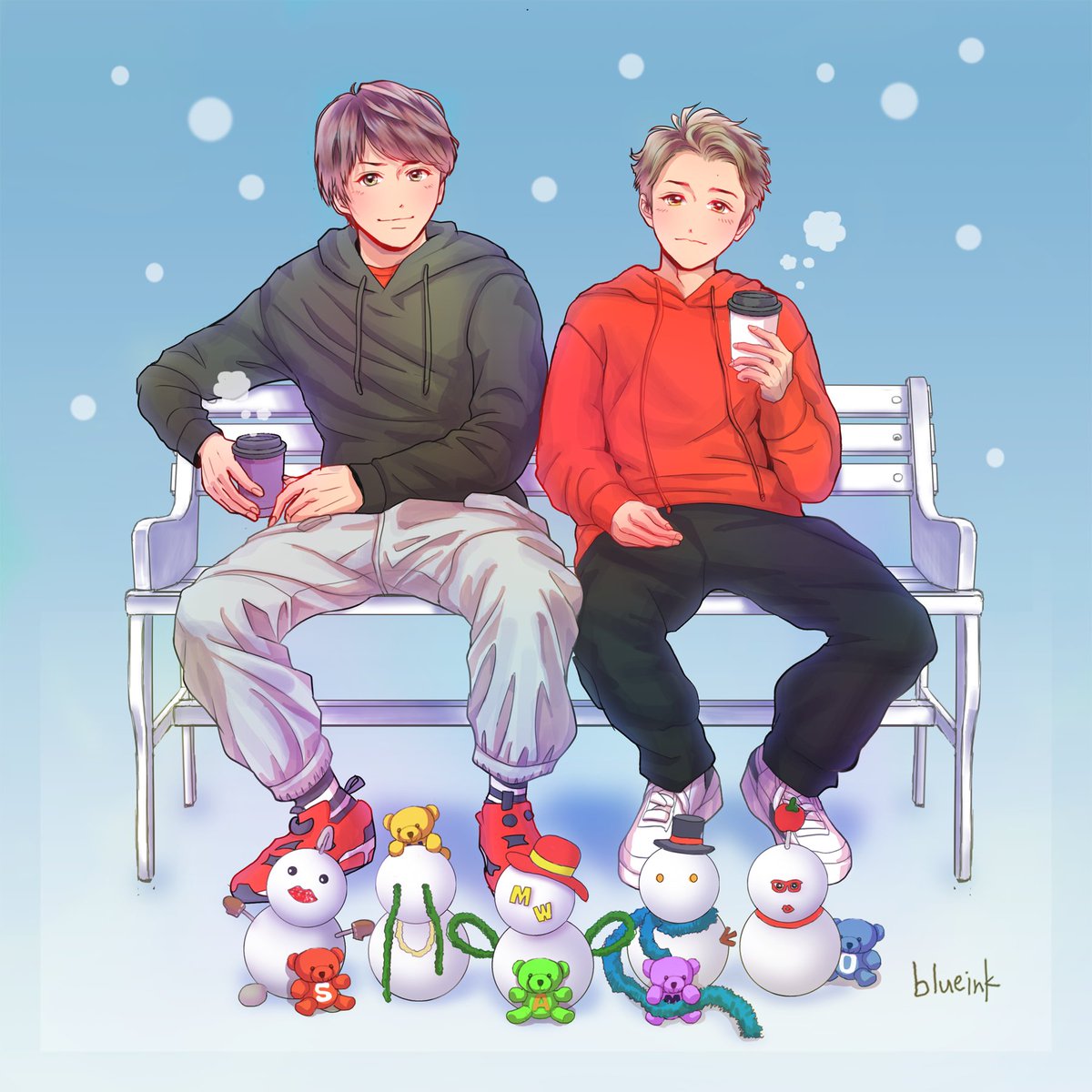 2boys multiple boys snowman hood male focus hoodie pants  illustration images