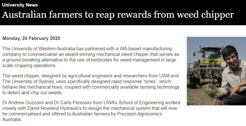 UWAInnovation's tweet photo. Delighted to have partnered with @PrecisionAgAus to commercialise the @WA_IOTY award-winning #WeedChipper...
🚜
#techtransfer #commercialisation #researchimpact
#agengineering #herbicideresistance
https://t.co/oeDbZ1WGtA https://t.co/EvEtvhX3KO