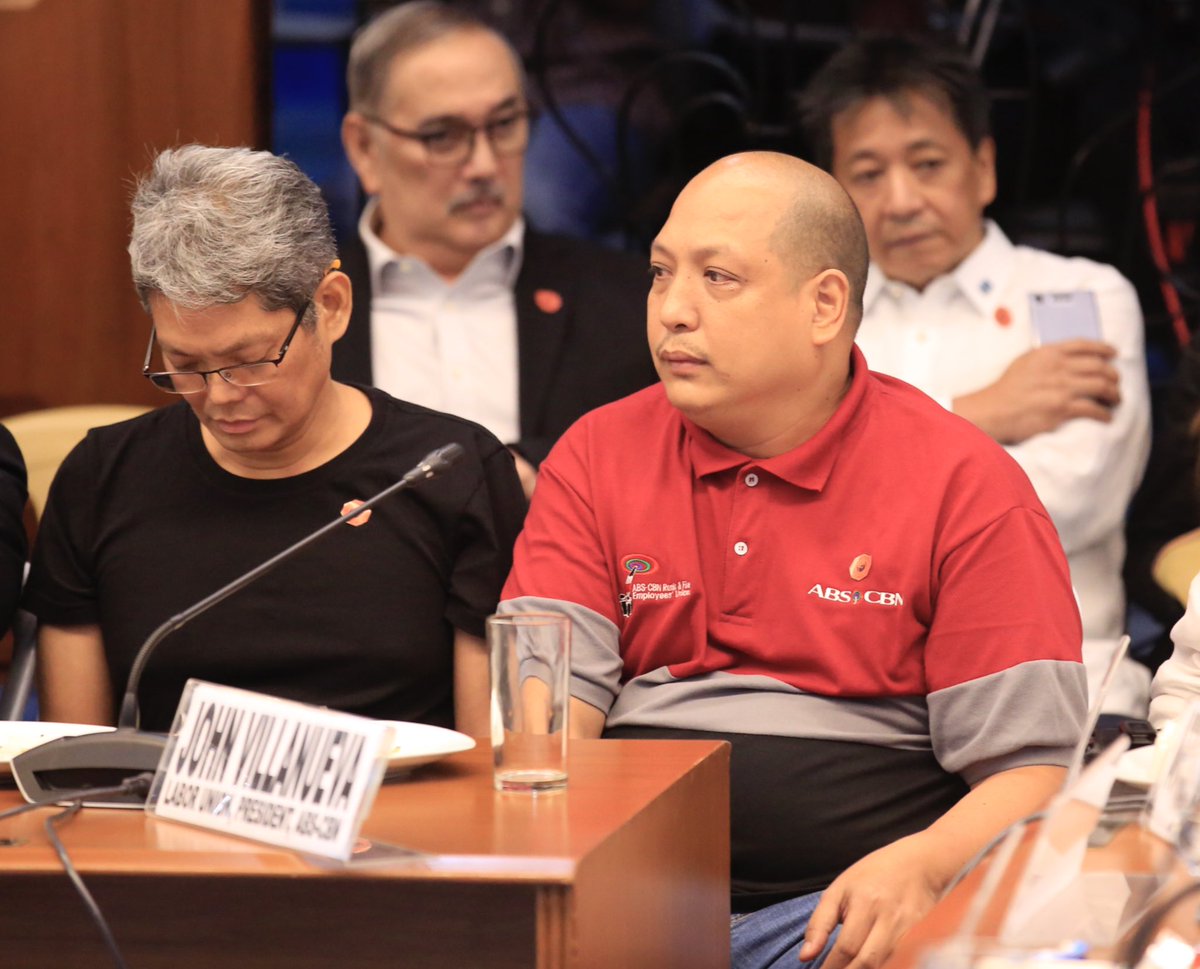 chiarazambrano's tweet photo. ABS-CBN’s Carlo Katigbak, Cory Vidanes discreetly wipe tears from their cheeks after an emotional ABS-CBN Union President John Villanueva said this period of uncertainty has been “torture” for employees, and that his life is better because of ABS-CBN @ABSCBNNews  #ABSCBNFranchise https://t.co/yCQ6LpsXVL