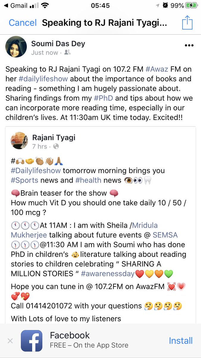 SoumiDasDey1's tweet photo. Sharing my love for reading and passion for children’s books on RJ Rajani Tyagi’s @alokrajani show on 107.2FM #dailylifeshow this morning at 11:30am. #ResearchImpact #PhDFindings #TheMagicofRadio Excited!! 📚📖🎤🎯📻 https://t.co/YxaRQxTmPL