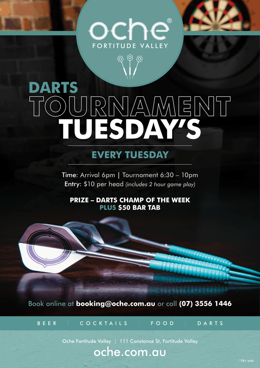 OcheAus's tweet photo. Join us from 6pm Tuesday as we launch our Ultimate Darts Tournament here at Oche Fortitude Valley! 🎯

$10 per player for 2-hours of game play 💥
$50 bar tab &amp; bragging rights for the winner!
Book online to secure a spot
https://t.co/u0thnhuuU4

#brisbaneanyday #whatsoninbrisbane https://t.co/ru7kuHZOye