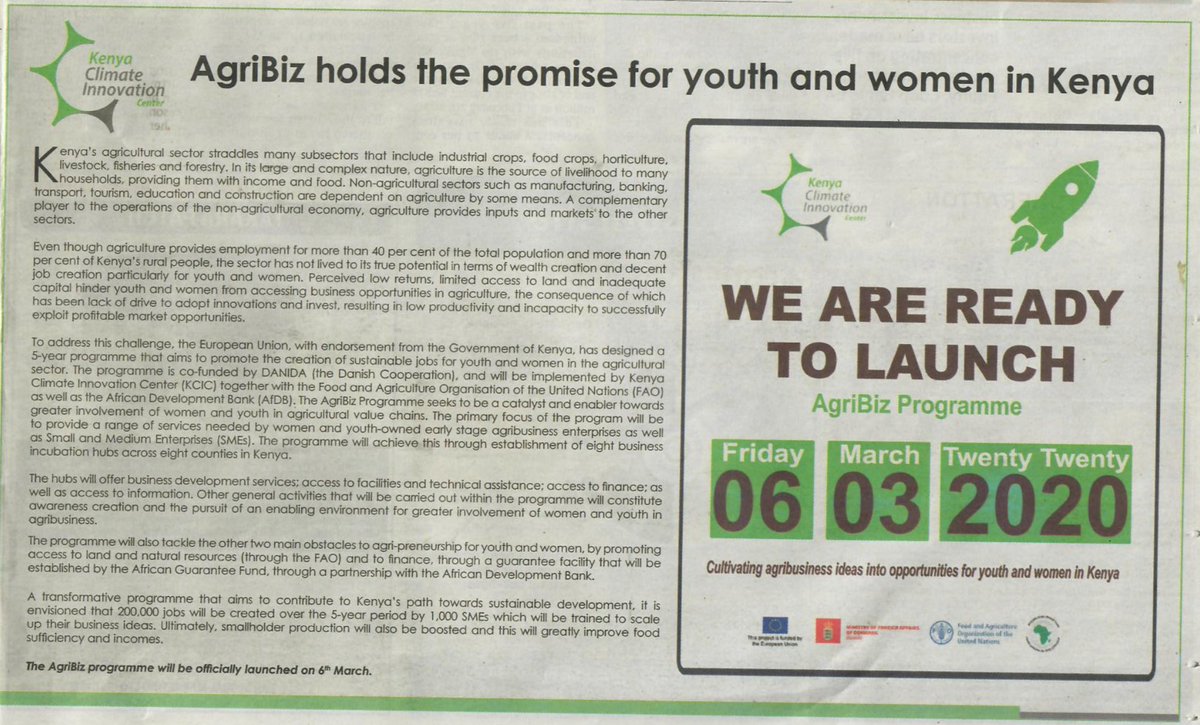 KenyaCIC's tweet photo. Together with the Government of Kenya, @EUinKenya, @FAOKenya, @AfDB_Group &amp; DANIDA, we are looking forward to launch #AgriBiz, an #agribusiness programme targeting youth &amp; women in agricultural value chains. Read more on the new programme in @dailynation&amp; @BD_Africa #PoweringSMEs https://t.co/5KceIJynzM