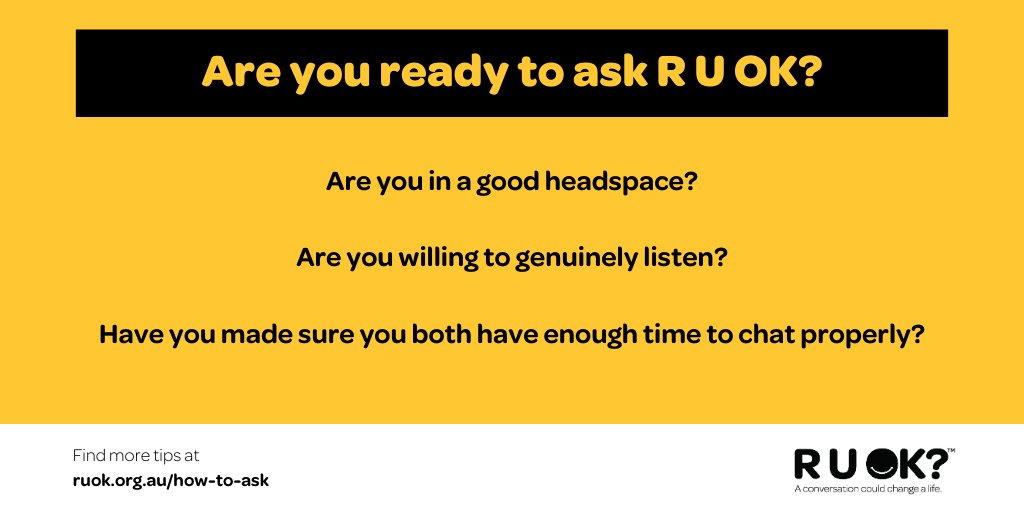 ruokanyday's tweet photo. Make sure you're ready before asking R U OK?

Find conversation tips at https://t.co/ixU5j6GLta

#RUOK #RUOKDay #RUOKEveryday https://t.co/Oj5uwgziL7