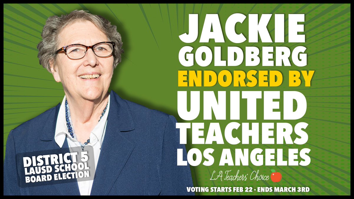UTLAnow's tweet photo. Vote #JackieGoldberg LAUSD BD5!
She has been a champion of quality public education and issues affecting working families through out her life. She is a progressive voice that has led the way on landmark policies, working with others to improve the quality of life for Angelenos https://t.co/TSp3I1nnZV