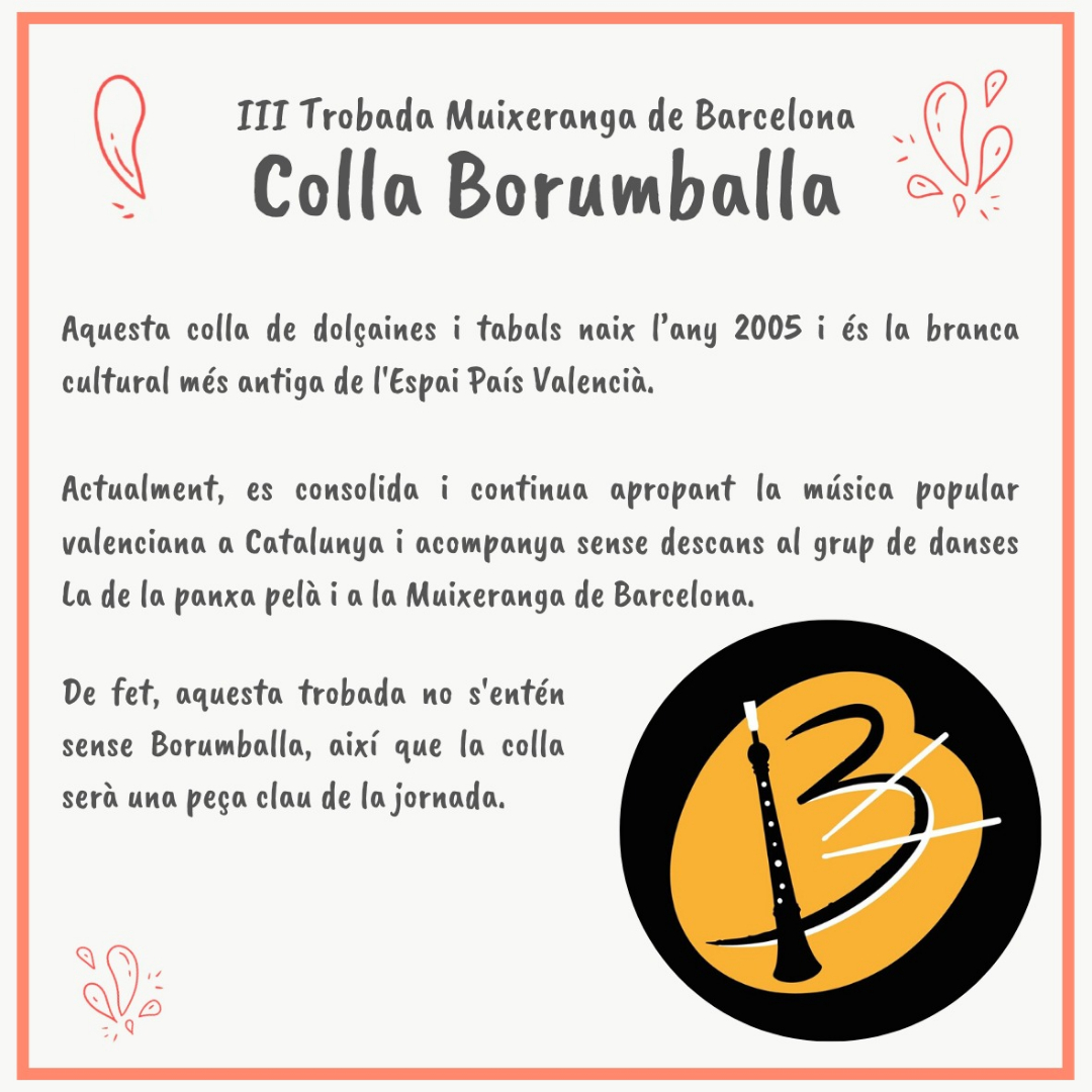 Estem molt contentes de poder compartir jornada amb dos dels pilars fonamentals de la difusió de la cultura valenciana a Barcelona. 

El 7 de març vorem a <a href="/ladelapanxapela/">Grup de danses "La de la Panxa Pelà"</a> a les 11.15 h i a <a href="/collaborumballa/">Colla Borumballa</a> a les 16.30 h.

#culturapopular #folklorevalencià #IIITrobadaMuixeBCN