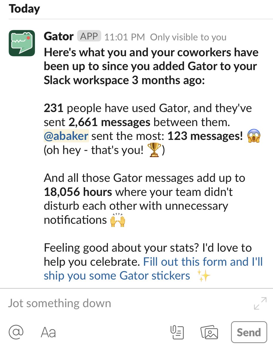 A screenshot of the "/gator stats" command from a Slack team