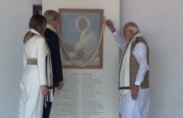 BJP4India's tweet image. PM Shri @narendramodi and President @realDonaldTrump visit Sabarmati Ashram in Ahmedabad, Gujarat. #NamasteTrump