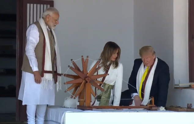 BJP4India's tweet image. PM Shri @narendramodi and President @realDonaldTrump visit Sabarmati Ashram in Ahmedabad, Gujarat. #NamasteTrump
