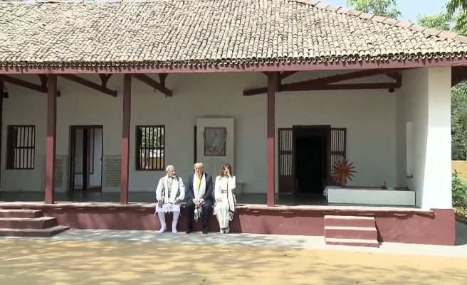 BJP4India's tweet image. PM Shri @narendramodi and President @realDonaldTrump visit Sabarmati Ashram in Ahmedabad, Gujarat. #NamasteTrump