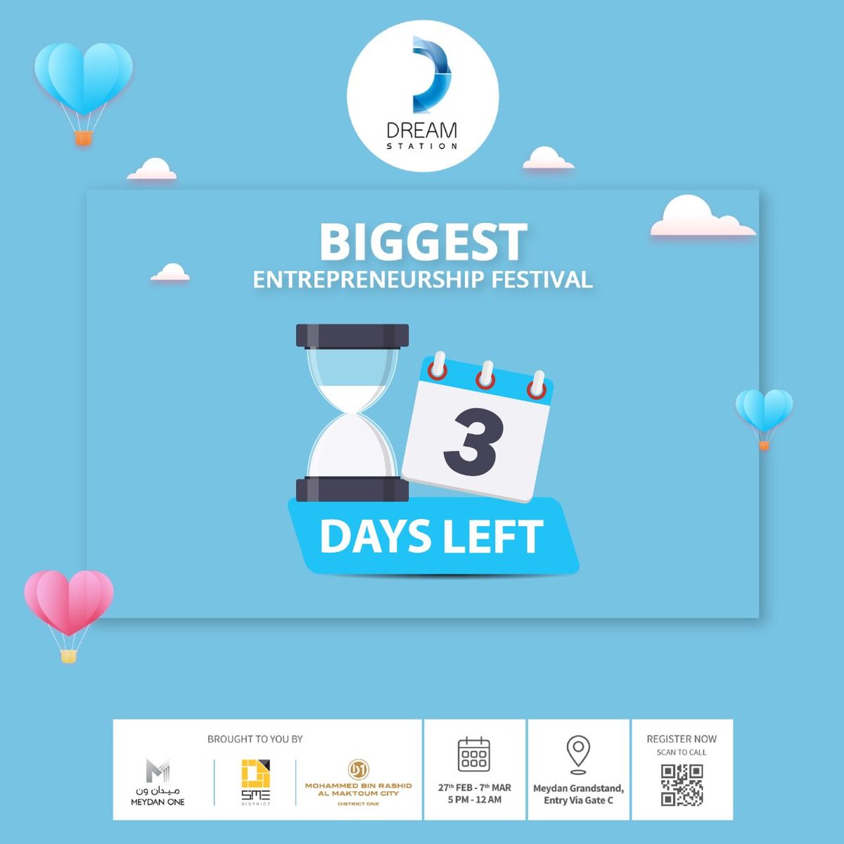 Only 3 Days left till #DREAMSTATION2020 and we are super excited Smiling face with heart-shaped eyes to welcome all of you soon to the Biggest Entrepreneurship Festival in UAE!

Registered Now buff.ly/39qxcJj

Brought to you by: 
<a href="/SMEDistrict/">SMEDistrict</a>, Meydan One &amp; District One